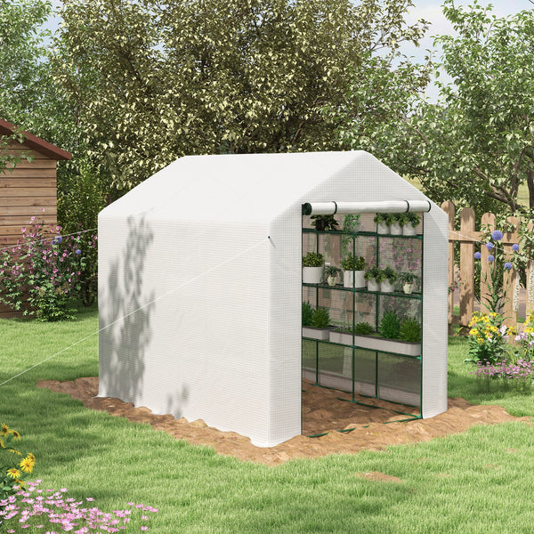 Walk-in Greenhouse with 4 Tier 24 Shelves, Portable Grow House with Roll-up Zipped Door, 244 x 180 x 210 cm, White