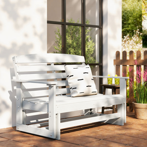 2-Person Outdoor Glider Bench Patio Double Swing Rocking Chair Loveseat w/ Slatted HDPE Frame for Backyard Garden Porch, Distressed White
