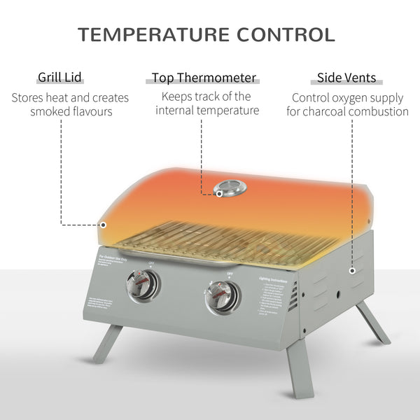2 Burner Propane Gas Grill, Outdoor Portable Tabletop BBQ with Foldable Legs, 10000 Each Burner, Lid, for Camping, Picnic, Backyard, Silver
