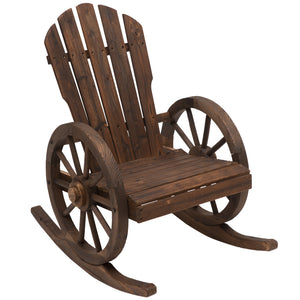 Patio Wooden Adirondack Rocking Chair, Wagon Outdoor Rocker Chair with Slatted Design and Wheel Armrests for Porch, Poolside, or Garden Lounging, Carbonized Wood Colour