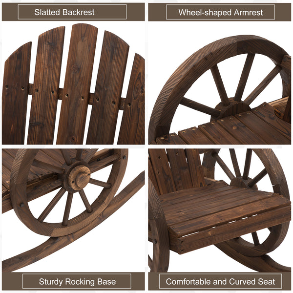Patio Wooden Adirondack Rocking Chair, Wagon Outdoor Rocker Chair with Slatted Design and Wheel Armrests for Porch, Poolside, or Garden Lounging, Carbonized Wood Colour