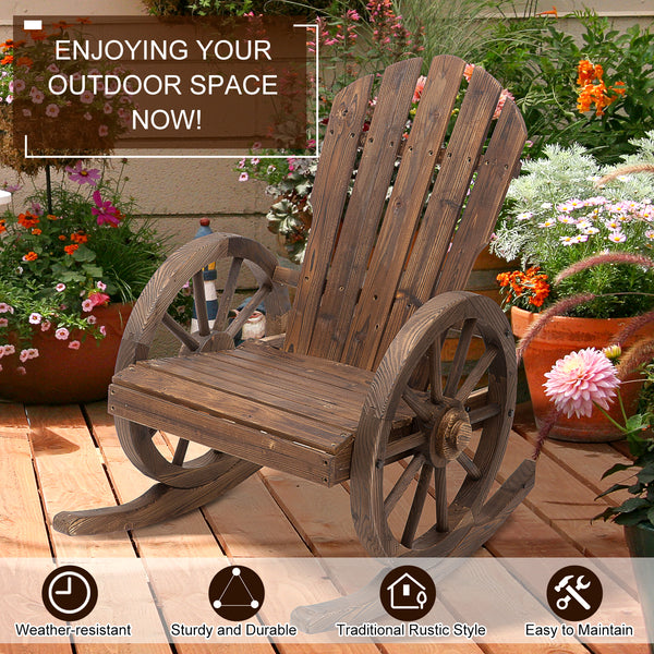 Patio Wooden Adirondack Rocking Chair, Wagon Outdoor Rocker Chair with Slatted Design and Wheel Armrests for Porch, Poolside, or Garden Lounging, Carbonized Wood Colour