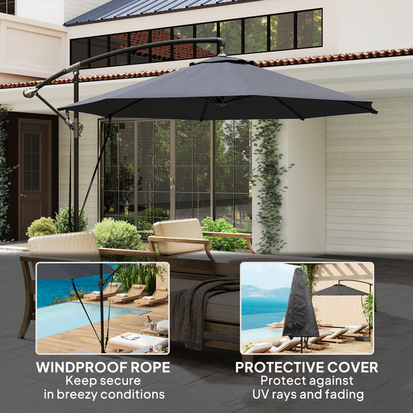 9.5FT Cantilever Patio Umbrella with Wind Strap, Cover, Round Offset Hanging Umbrella with 360°Rotation, Crank and Cross Base for Garden, Deck, Yard and Pool, UPF50+, Grey