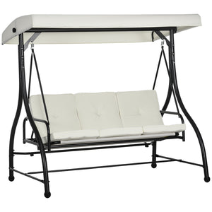 3 Seater Canopy Swing Chair, 2 in 1 Garden Swing Seat Bed, with Adjustable Canopy and Metal Frame, Cream White