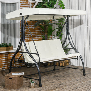 3 Seater Canopy Swing Chair, 2 in 1 Garden Swing Seat Bed, with Adjustable Canopy and Metal Frame, Cream White
