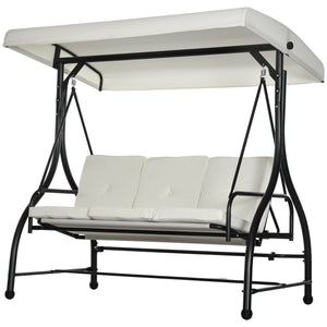 3 Seater Canopy Swing Chair, 2 in 1 Garden Swing Seat Bed, with Adjustable Canopy and Metal Frame, Cream White