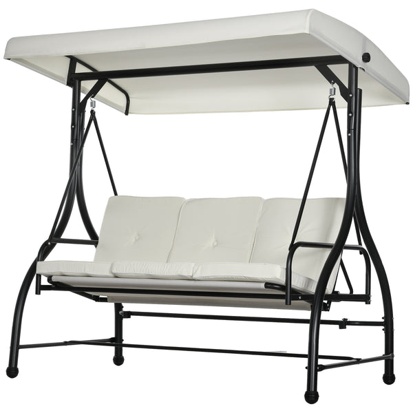3 Seater Canopy Swing Chair, 2 in 1 Garden Swing Seat Bed, with Adjustable Canopy and Metal Frame, Cream White