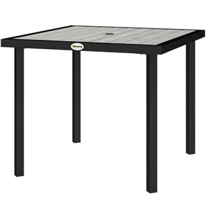 Garden Table for 4 Person, Square 86 x 86 x 71cm Patio Outdoor Dining Table with 5.4cm Parasol Hole, Easy Clean Slatted Top, Metal Frame, for Balcony, Deck, Light Grey