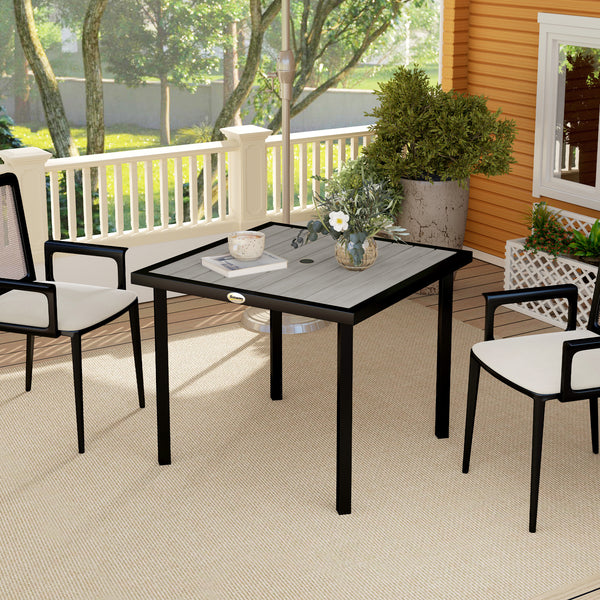 Garden Table for 4 Person, Square 86 x 86 x 71cm Patio Outdoor Dining Table with 5.4cm Parasol Hole, Easy Clean Slatted Top, Metal Frame, for Balcony, Deck, Light Grey
