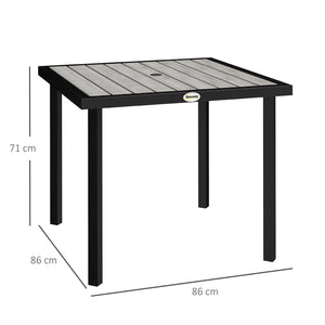 Garden Table for 4 Person, Square 86 x 86 x 71cm Patio Outdoor Dining Table with 5.4cm Parasol Hole, Easy Clean Slatted Top, Metal Frame, for Balcony, Deck, Light Grey