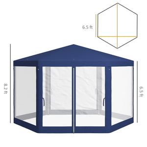Outsunny 13' x 11' Outdoor Party Tent, Hexagon Sun Shade Shelter Canopy with Protective Mesh Screen Sidewalls, Ropes & Stakes, Blue