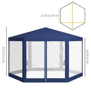 Φ13' Hexagon Party Tent Patio Gazebo Outdoor Activity Event Canopy Quick Sun Shelter Pavilion with Netting Mesh Sidewall Blue