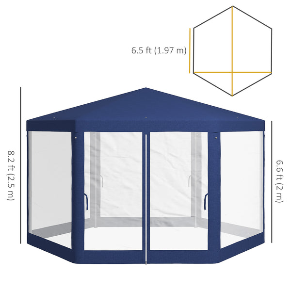 Φ13' Hexagon Party Tent Patio Gazebo Outdoor Activity Event Canopy Quick Sun Shelter Pavilion with Netting Mesh Sidewall Blue