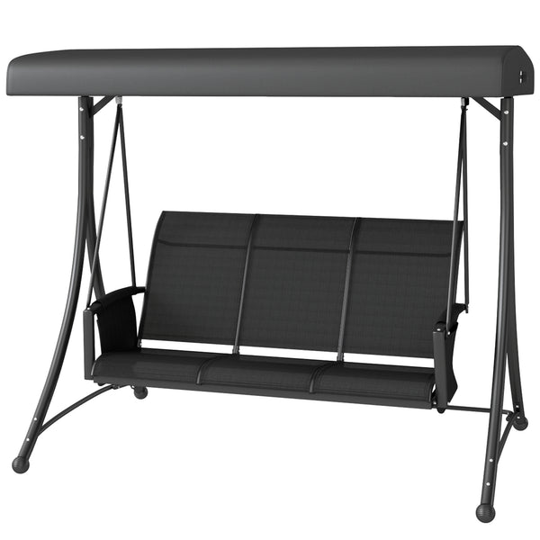 3 Person Porch Swing, Outdoor Swing Chair with High Back Design, Side Pouches and Adjustable Canopy, Black