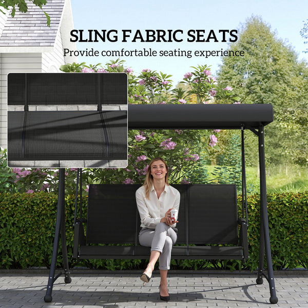 3 Person Porch Swing, Outdoor Swing Chair with High Back Design, Side Pouches and Adjustable Canopy, Black