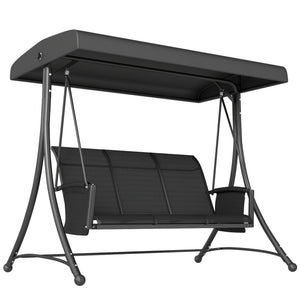 3 Person Porch Swing, Outdoor Swing Chair with High Back Design, Side Pouches and Adjustable Canopy, Black