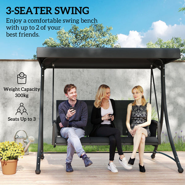 3 Person Porch Swing, Outdoor Swing Chair with High Back Design, Side Pouches and Adjustable Canopy, Black