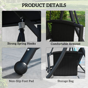 3 Person Porch Swing, Outdoor Swing Chair with High Back Design, Side Pouches and Adjustable Canopy, Black