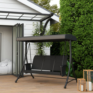 3 Person Porch Swing, Outdoor Swing Chair with High Back Design, Side Pouches and Adjustable Canopy, Black