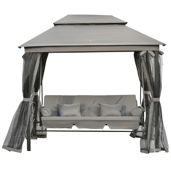 3 Person Outdoor Patio Daybed, 3 in 1 Canopy Gazebo Swing Chair Garden Hammock with Sun Shade, Mesh Mosquito and Net, Dark Grey