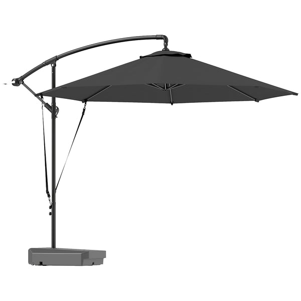 3(m) Garden Cantilever Parasol with Fillable Base, Wind Protection Strap, Cover, Round Banana Hanging Umbrella with Crank Handle and Tilt, Patio Umbrella for Outdoor Sun Shade, UPF50+, Grey