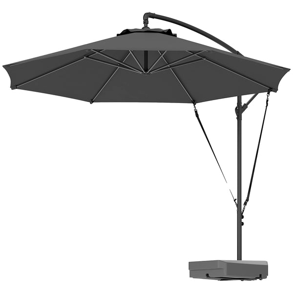 3(m) Garden Cantilever Parasol with Fillable Base, Wind Protection Strap, Cover, Round Banana Hanging Umbrella with Crank Handle and Tilt, Patio Umbrella for Outdoor Sun Shade, UPF50+, Grey