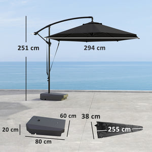 3(m) Garden Cantilever Parasol with Fillable Base, Wind Protection Strap, Cover, Round Banana Hanging Umbrella with Crank Handle and Tilt, Patio Umbrella for Outdoor Sun Shade, UPF50+, Grey