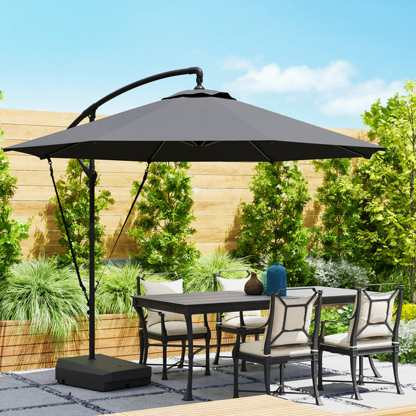 10FT Cantilever Patio Umbrella with Fillable Base, Wind Strap and Cover, Round Offset Hanging Umbrella with Crank, Cross Base for Garden, Deck, Yard, UPF50+, Grey