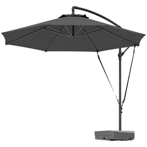 10FT Cantilever Patio Umbrella with Fillable Base, Wind Strap and Cover, Round Offset Hanging Umbrella with Crank, Cross Base for Garden, Deck, Yard, UPF50+, Grey