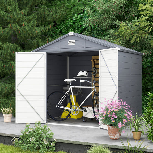8' x 6' Garden Storage Shed, Outdoor Storage Patio Shed with Aluminum Frame, Galvanized Foundation Kit, Latched Door, Air Vents, Window for Backyard, Lawn, Light Grey