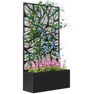 Metal Raised Garden Bed with Trellis for Climbing Plants, Freestanding or Wall Mounted Flower Bed with Privacy Panel, Small Leaves Cut-Outs Outdoor Planter Box for Garden, Patio, Balcony