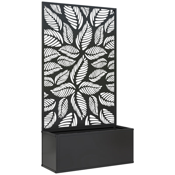 Metal Raised Garden Bed with Trellis for Climbing Plants, Freestanding or Wall Mounted Flower Bed with Privacy Panel, Small Leaves Cut-Outs Outdoor Planter Box for Garden, Patio, Balcony