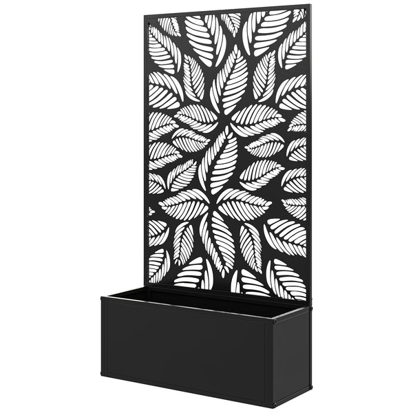 Metal Raised Garden Bed with Trellis for Climbing Plants, Freestanding or Wall Mounted Flower Bed with Privacy Panel, Small Leaves Cut-Outs Outdoor Planter Box for Garden, Patio, Balcony