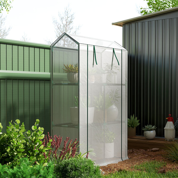 3 Tier Mini Greenhouse with Reinforced PE Cover, Portable Small Greenhouse with Roll-Up Door, 100 x 40 x 150cm, White