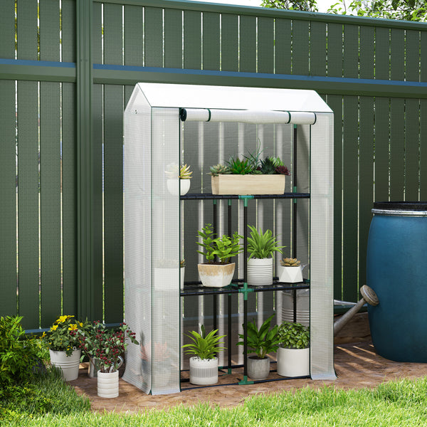 3 Tier Mini Greenhouse with Reinforced PE Cover, Portable Small Greenhouse with Roll-Up Door, 100 x 40 x 150cm, White