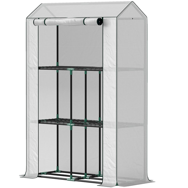 3 Tier Mini Greenhouse with Reinforced PE Cover, Portable Small Greenhouse with Roll-Up Door, 100 x 40 x 150cm, White