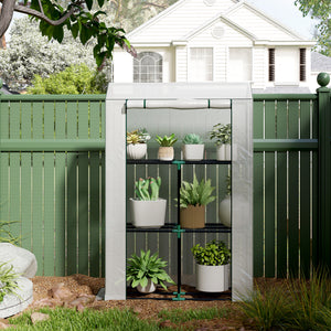 3 Tier Mini Greenhouse with Reinforced PE Cover, Portable Small Greenhouse with Roll-Up Door, 100 x 40 x 150cm, White