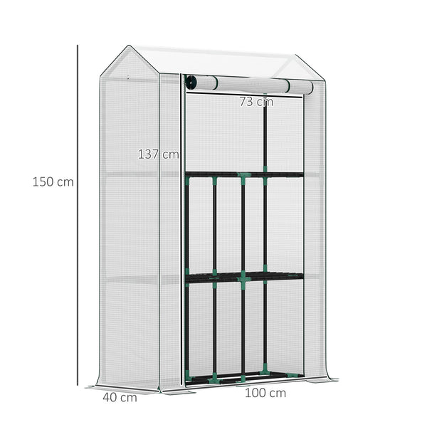 3 Tier Mini Greenhouse with Reinforced PE Cover, Portable Small Greenhouse with Roll-Up Door, 100 x 40 x 150cm, White