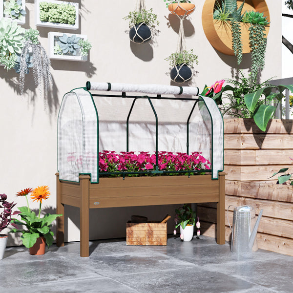 Raised Garden Bed with PE Greenhouse Cover Outdoor Elevated Wood Planter Box for Herbs and Vegetables, Use for Patio, Backyard, Balcony, 48 x 22 x 46 inch, Brown