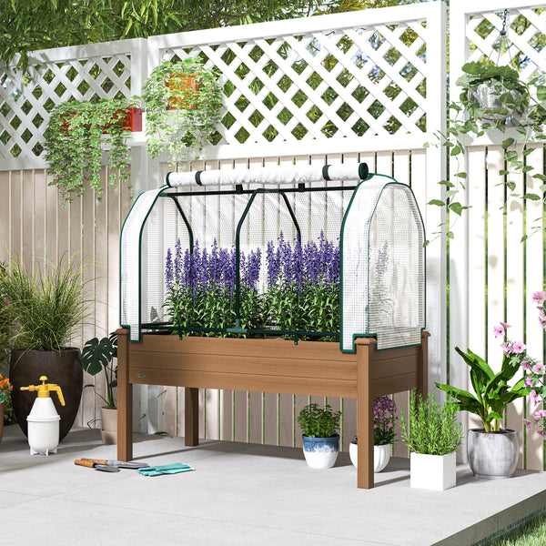 Raised Garden Bed with PE Greenhouse Cover Outdoor Elevated Wood Planter Box for Herbs and Vegetables, Use for Patio, Backyard, Balcony, 48 x 22 x 46 inch, Brown