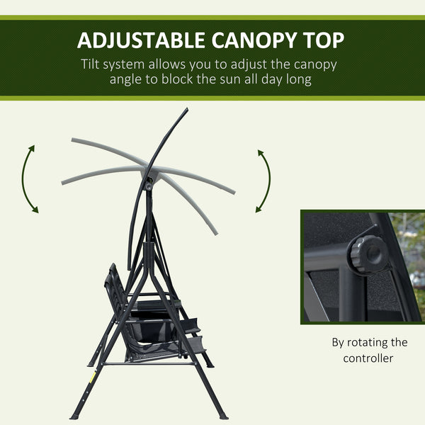 2 Person Covered Porch Swing Patio Swing with Pivot Storage Table, Cup Holder, & Adjustable Overhead Canopy, Black