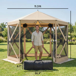 10 x 11 ft Pop Up Gazebo Screen Tent, Outdoor Portable Instant Camping Canopy Screen House Sun Shelter with Mesh Nettings, Carry Bag, Ground Stakes, Ropes for Patio, Backyard, Beige