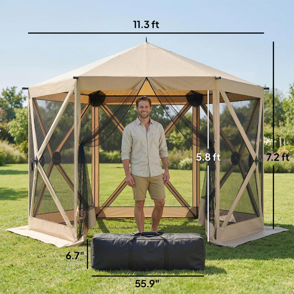 10 x 11 ft Pop Up Gazebo Screen Tent, Outdoor Portable Instant Camping Canopy Screen House Sun Shelter with Mesh Nettings, Carry Bag, Ground Stakes, Ropes for Patio, Backyard, Beige