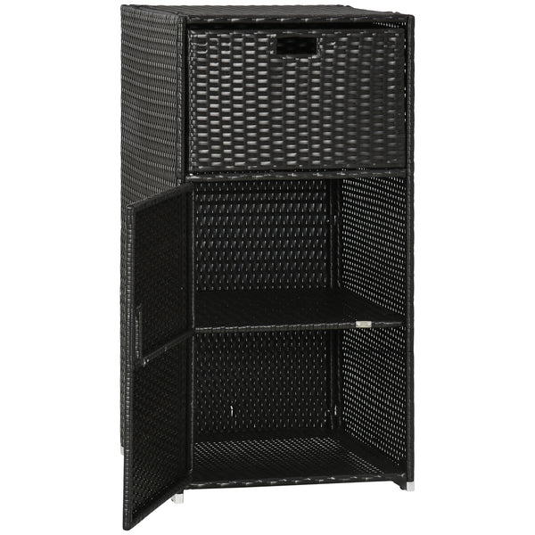Patio Storage Cabinet, Outdoor Towel Rack for Pool, Waterproof PE Rattan Wicker, Hot Tub Accessory, with Basket Drawer, Dark Brown
