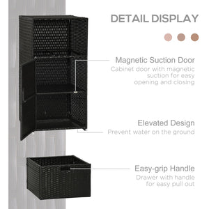 Patio Storage Cabinet, Outdoor Towel Rack for Pool, Waterproof PE Rattan Wicker, Hot Tub Accessory, with Basket Drawer, Dark Brown