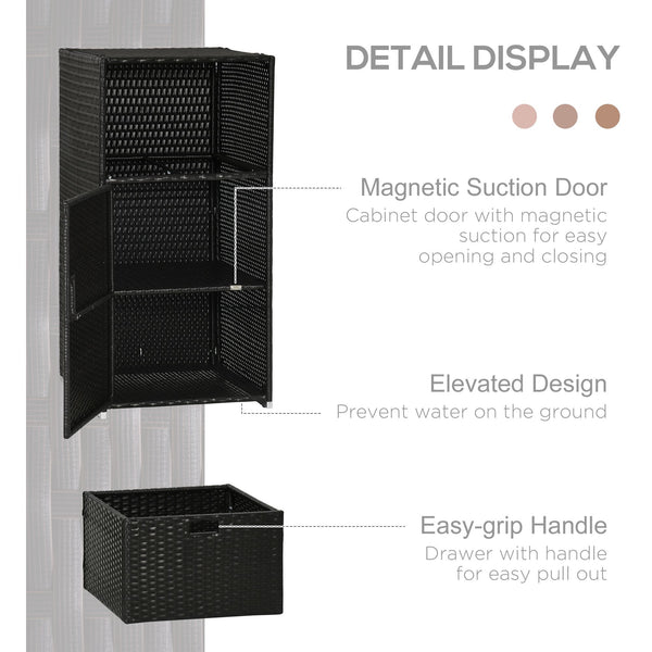 Patio Storage Cabinet, Outdoor Towel Rack for Pool, Waterproof PE Rattan Wicker, Hot Tub Accessory, with Basket Drawer, Dark Brown