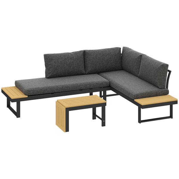 3 Pieces Sectional Patio Furniture Set with 2 Loveseats, WPC Coffee Table, L Shaped Aluminum Outdoor Sofa Set with Removable Backs, Thick Cushions, Charcoal Grey