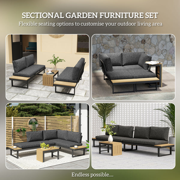 3 Pieces Sectional Patio Furniture Set with 2 Loveseats, WPC Coffee Table, L Shaped Aluminum Outdoor Sofa Set with Removable Backs, Thick Cushions, Charcoal Grey