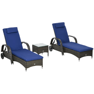 3 Pieces Wicker Patio Lounger Set with Table, PE Rattan Outdoor Lounge Chair Set with Cushions, Wheels, 5-Level Reclining Backrest, Headrest, Dark Blue