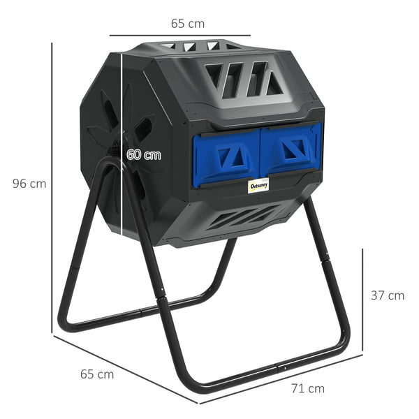160L Tumbling Compost Bin Outdoor Dual Chamber 360° Rotating Composter, Garden Compost Bin w/ Sliding Doors & Solid Steel Frame, Blue